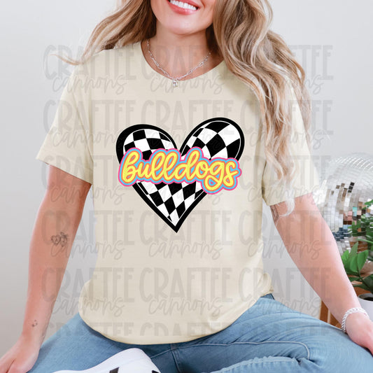 Retro Neon Custom Heart Shirt | Vintage School Spirit Tee | Bulldogs Game Day Shirt | Soft Unisex Fit