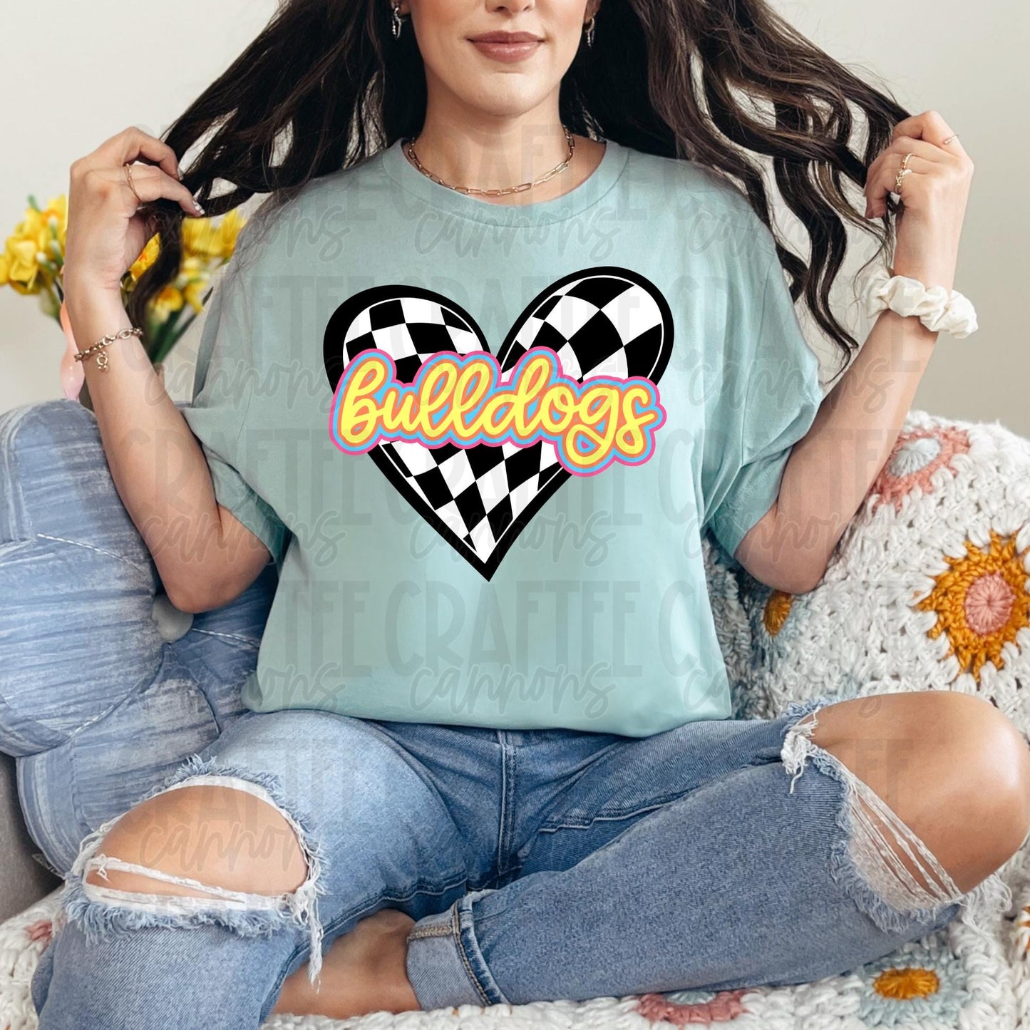 Retro Neon Custom Heart Shirt | Vintage School Spirit Tee | Bulldogs Game Day Shirt | Soft Unisex Fit