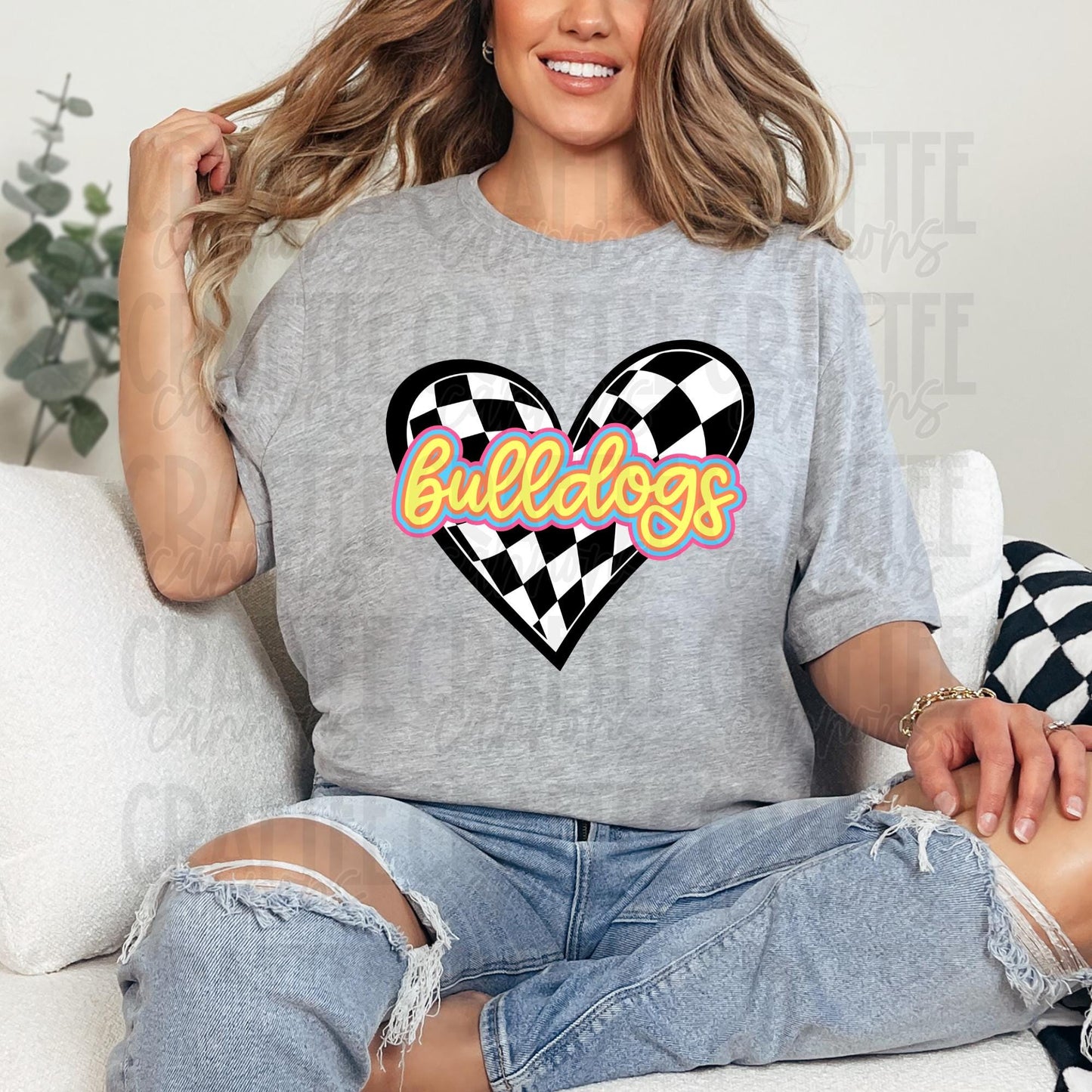 Retro Neon Custom Heart Shirt | Vintage School Spirit Tee | Bulldogs Game Day Shirt | Soft Unisex Fit